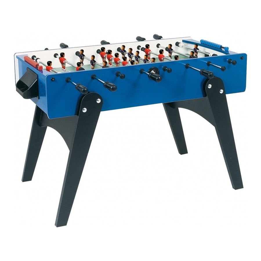 Blauer Kickertisch mit schwarzen Beinen, Spielfiguren in Rot und Blau, mehreren Griffen und Torzählern an den Seiten.