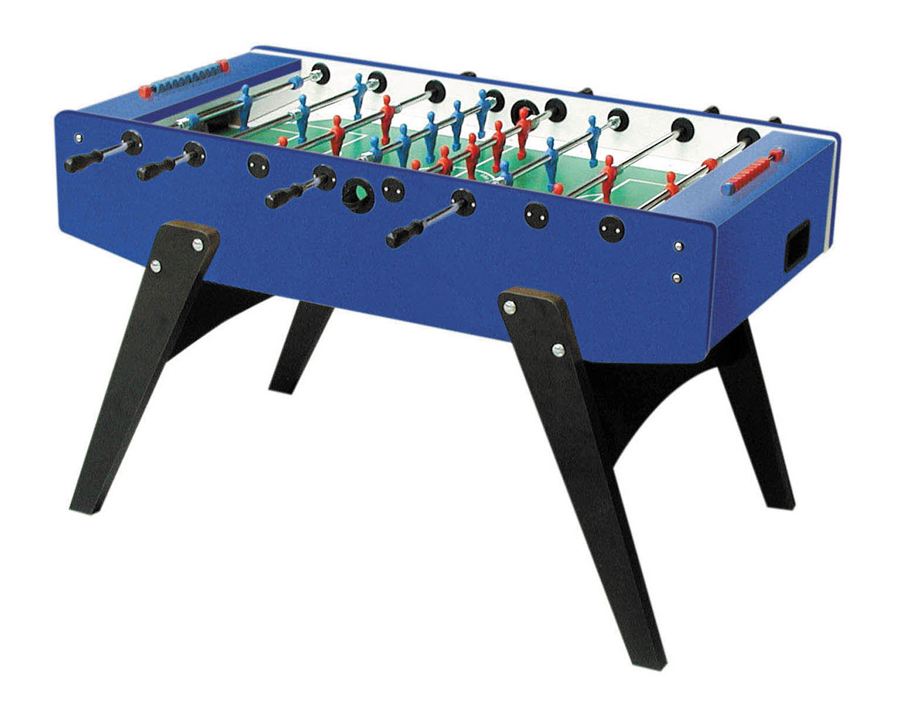 Blauer Kickertisch mit schwarzen Beinen, Griffen und Spielfiguren in Blau und Rot, geeignet für Freizeit und Spielzimmer.