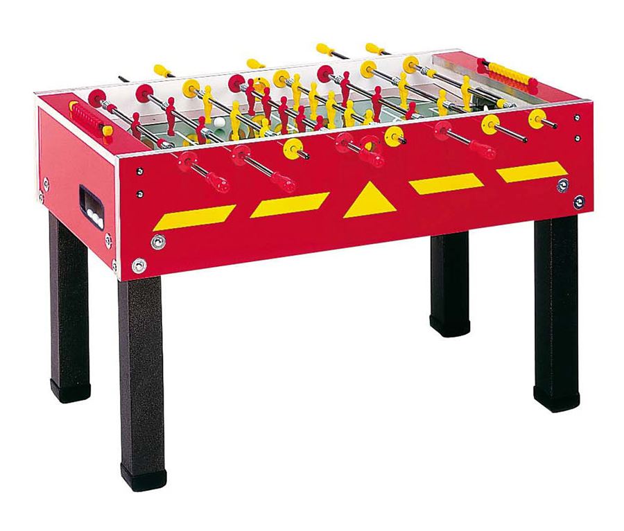 Roter Tischkicker mit gelben und roten Spielfiguren, schwarzen Beinen und gelben Markierungen an der Seite.