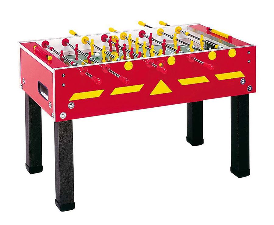Roter Tischkicker mit gelben und roten Spielfiguren, schwarzem Gestell und gelben Dekoren auf der Seitenwand.