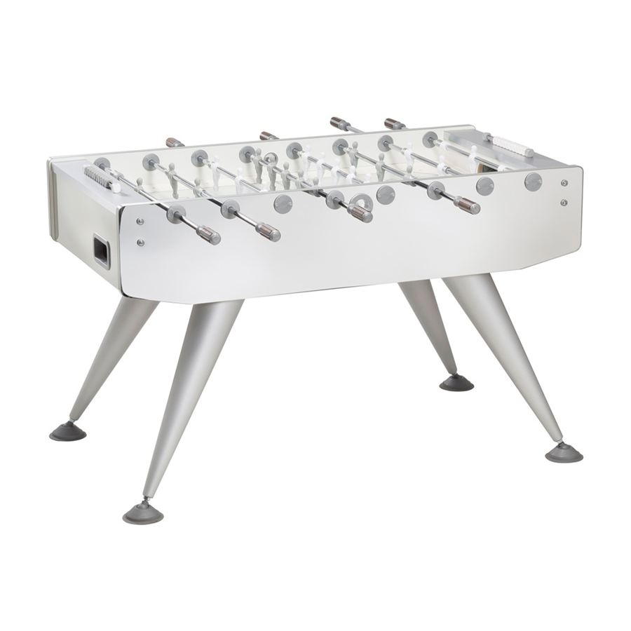 Moderner Tischkicker mit silbernem Gehäuse und schrägen Beinen, ausgestattet mit mehreren Spielfigurenreihen und Griffen.