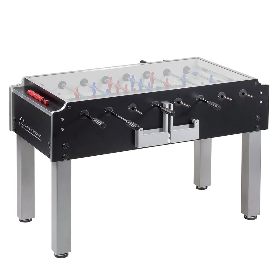Tischkicker mit Glasabdeckung, schwarzen Seitenwänden, silbernen Beinen und Spielfiguren in Rot und Blau, geeignet für den Innenbereich.