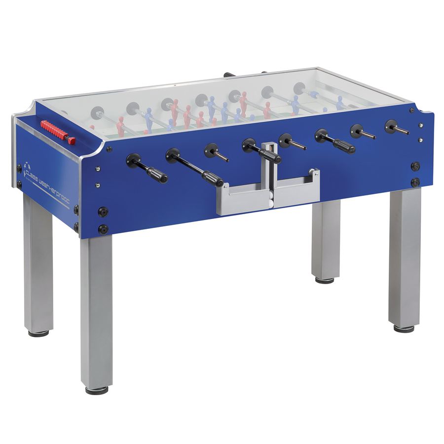 Blauer Tischkicker mit Glasabdeckung und schwarzen Griffen, auf stabilen Metallbeinen stehend.