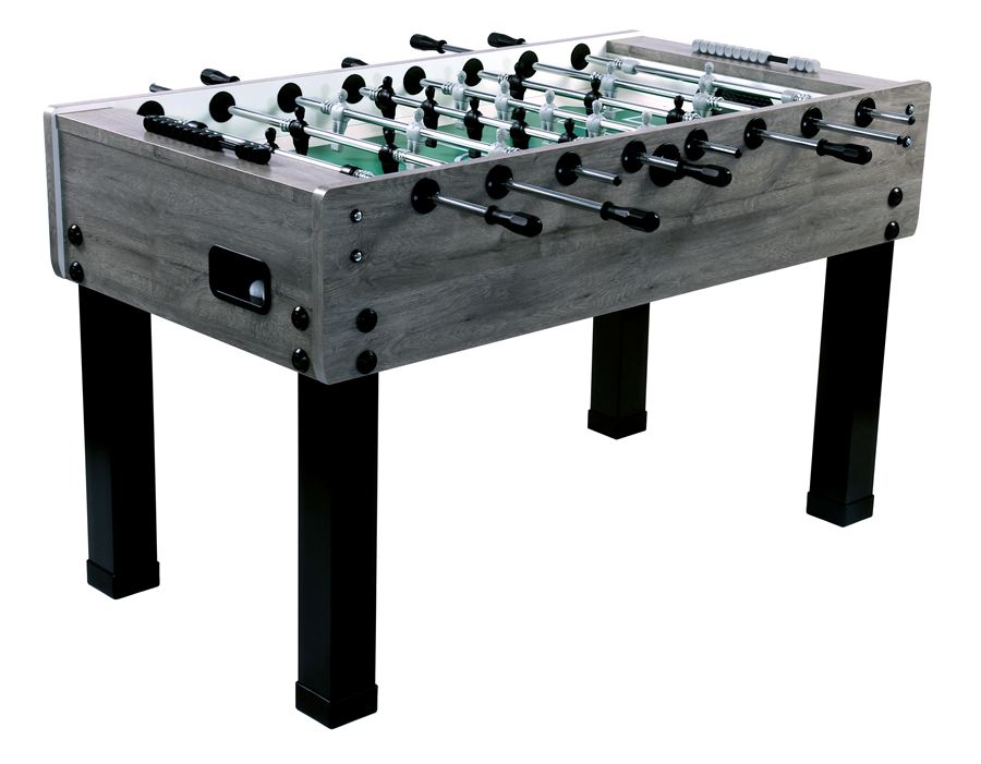 Moderner Kickertisch mit grauer Holzoptik, schwarzen Beinen und Griffen, sowie Spielfiguren auf Metallstangen.