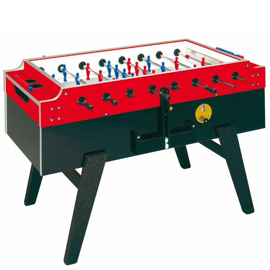 Tischkicker mit rotem und schwarzem Gehäuse, Spielfiguren in Rot und Blau, stabile Beine, geeignet für Freizeit und Spielräume.