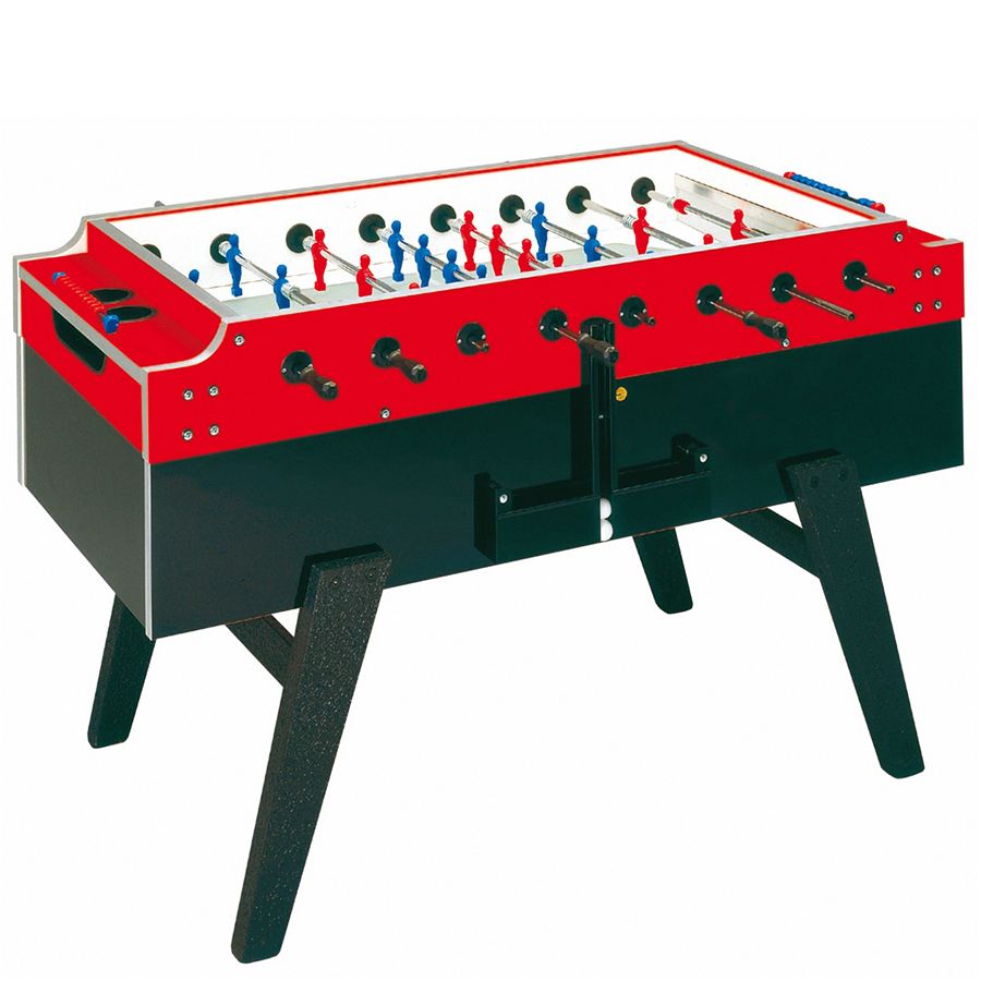 Tischkicker mit rotem und schwarzem Gehäuse, Spielfiguren in Blau und Rot, auf vier stabilen Beinen, für Freizeit oder Turnier.
