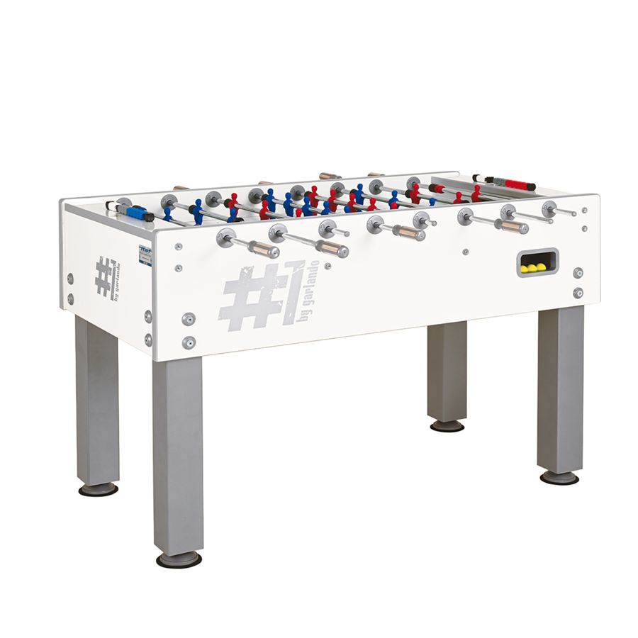 Weißer Kickertisch mit silbernen Beinen, blauen und roten Spielfiguren, Metallgriffen und Ballausgabe, geeignet für Freizeit und Turniere.
